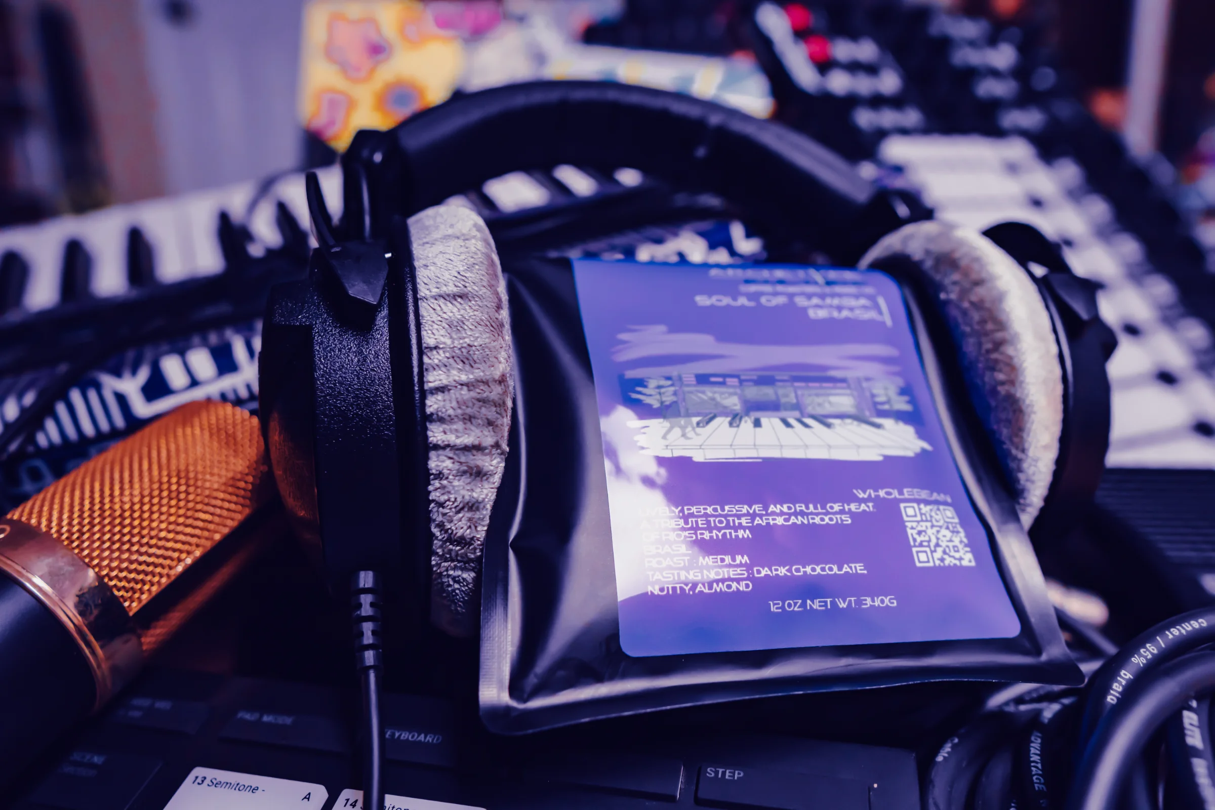 Bags of Archetype Kulture coffee on a turntable